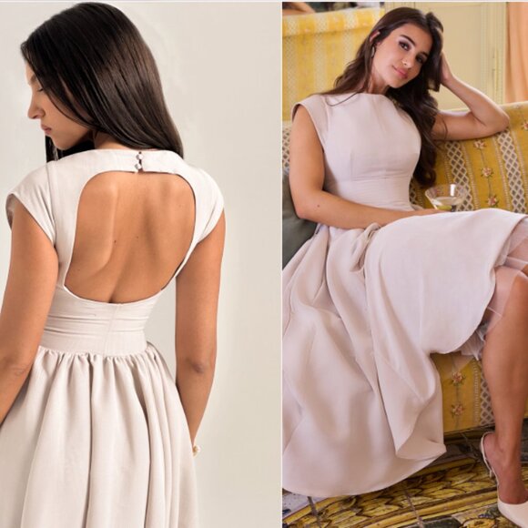 HOUSE OF CB 'Debutante' French Dove Moire Satin Backless Midi NWOT - Picture 5 of 8